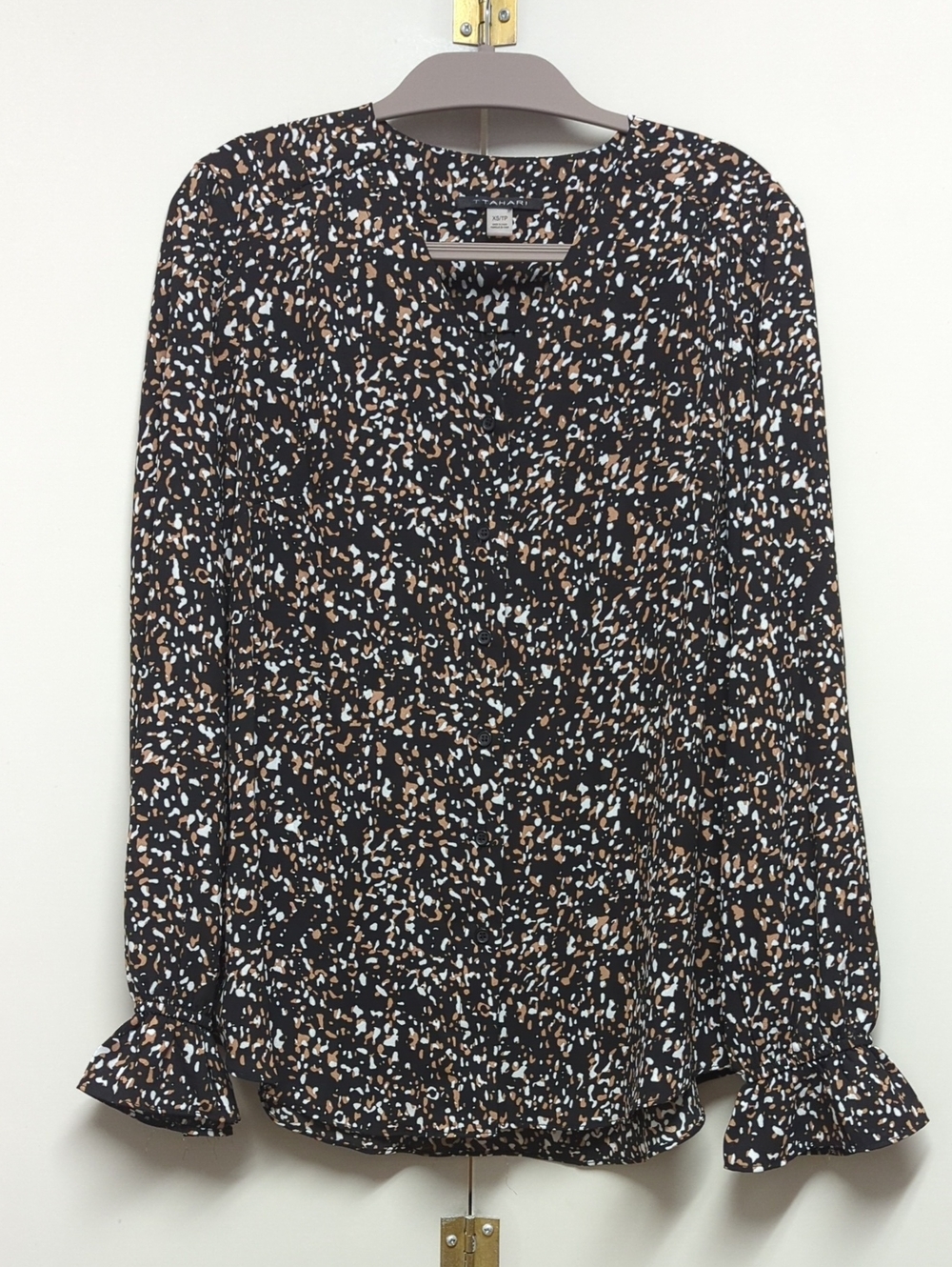 Tahari Black Printed Long-Sleeve Blouse with Ruffle Cuffs